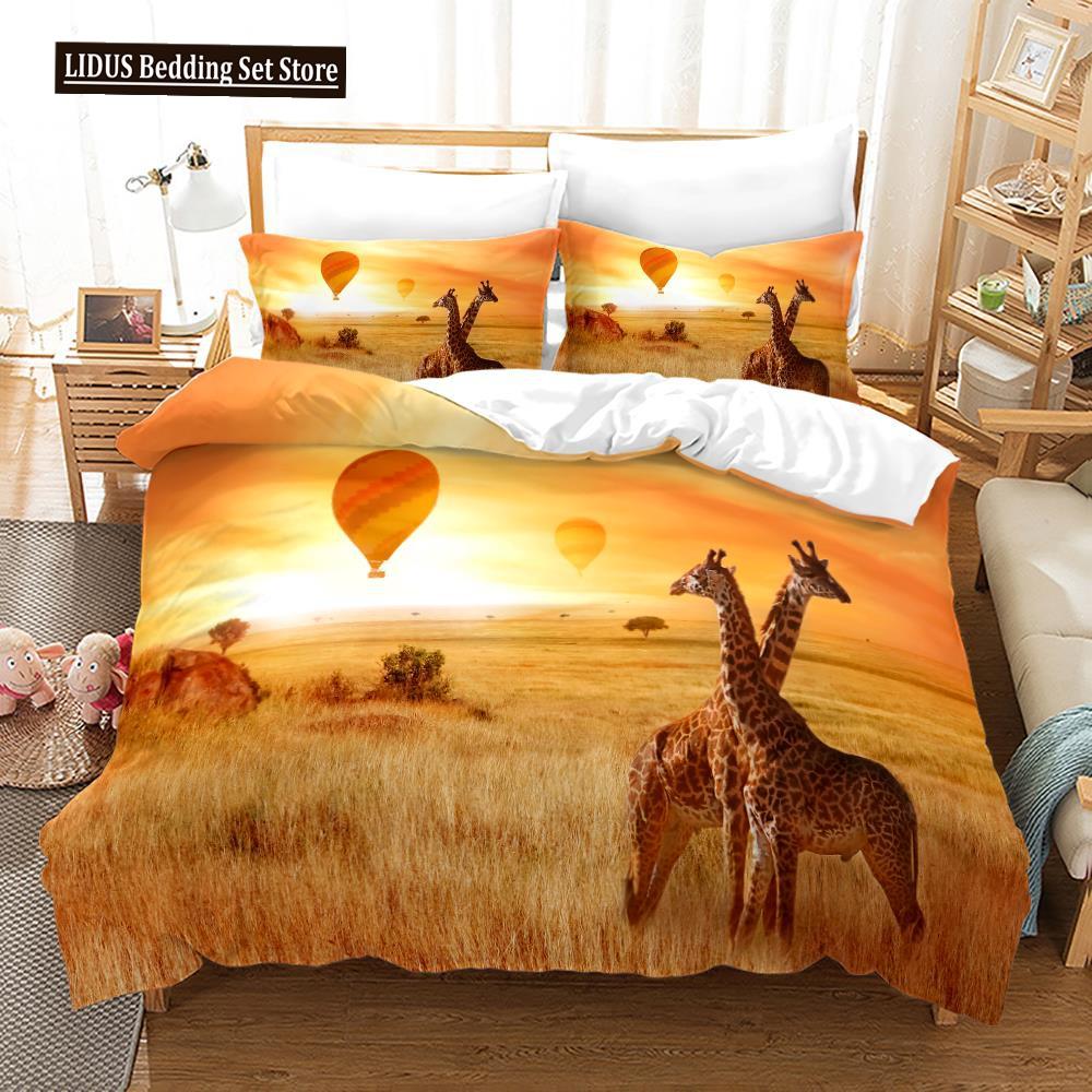 Deer Duvet Cover Set King Polyester Bedding Set For Kid Children Gift Bedding Set 3D Animal Giraffe Purple Theme Comforter Cover