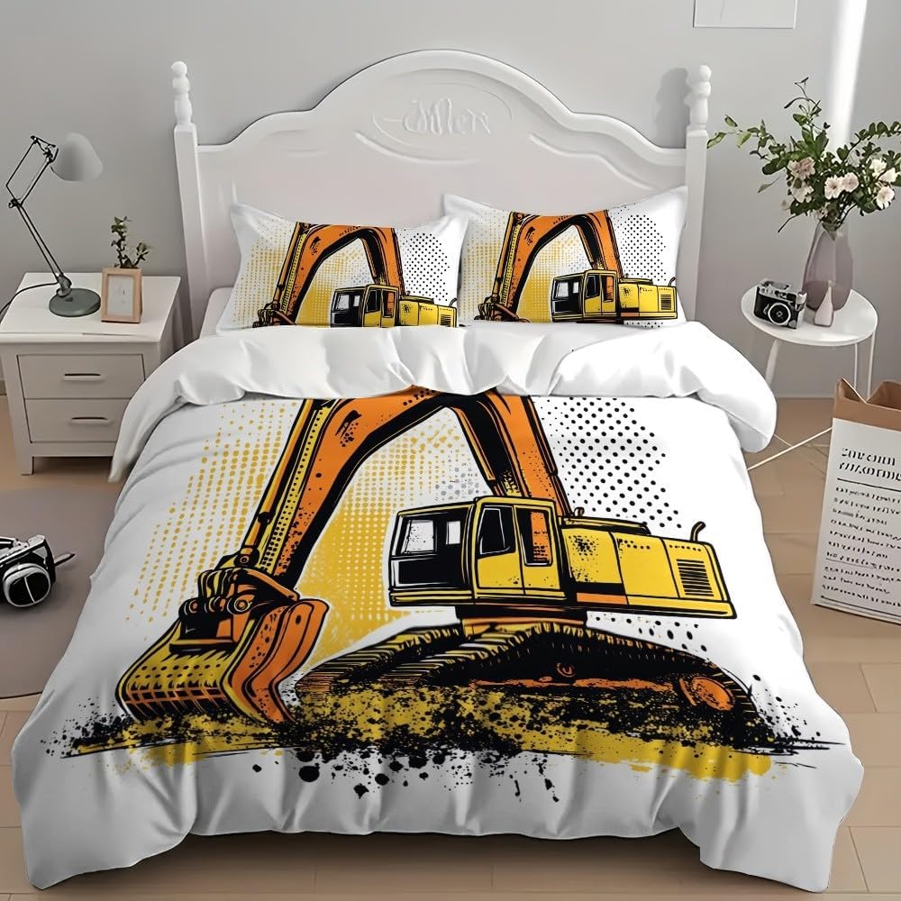 Kids Duvet Cover Digger Excavator Children's Bedding Set,Boys 3D Print Microfibre Kid Digger Duvet Cover with Pillowcase 50x75cm