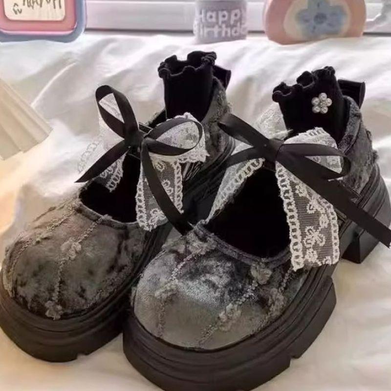Platform Women's Autumn Lace Velcro Flower Big Head Shallow Mouth Mary Jane Single Shoes