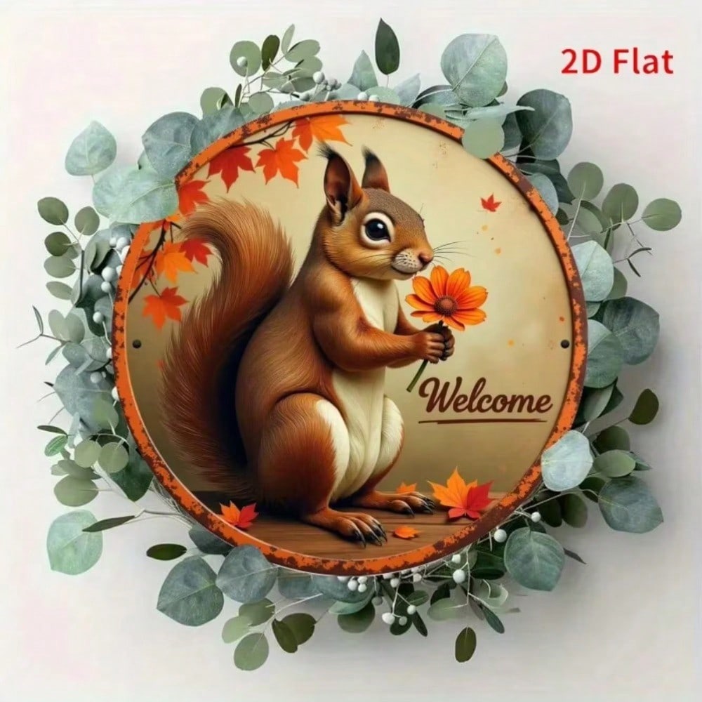 Vintage Squirrel Maple Leaves Metal Tin Sign Rustic Farmhouse Entryway Wall Decor Housewarming Gift