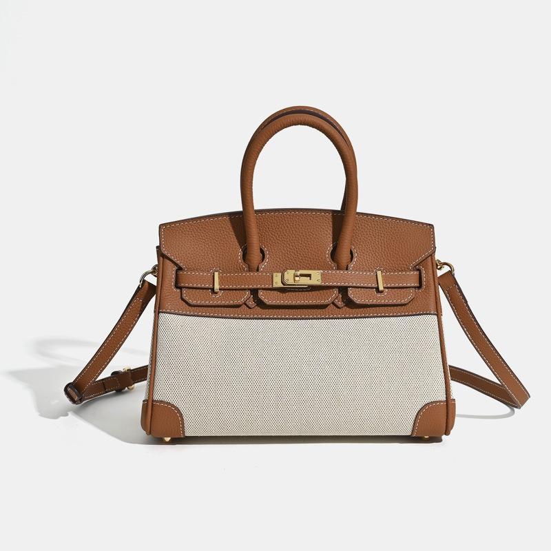 

Leather splicing canvas messenger bag women s new large-capacity handbag shoulder bag contrasting color design casual tote bag 25*12*19cm коричневий