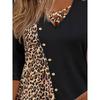Women Casual V Cross Collar Leopard Print Single Breasted Long Sleeve T Shirt