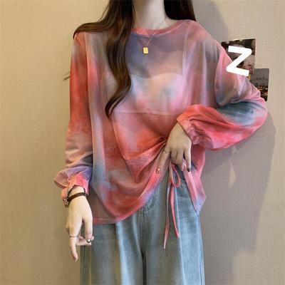 Damen Batik Kordelzug Unregelmäßig Langarm Bluse