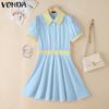 VONDA Summer Women Lapel Neck Short Sleeve Stitching Casual Pleated Dress