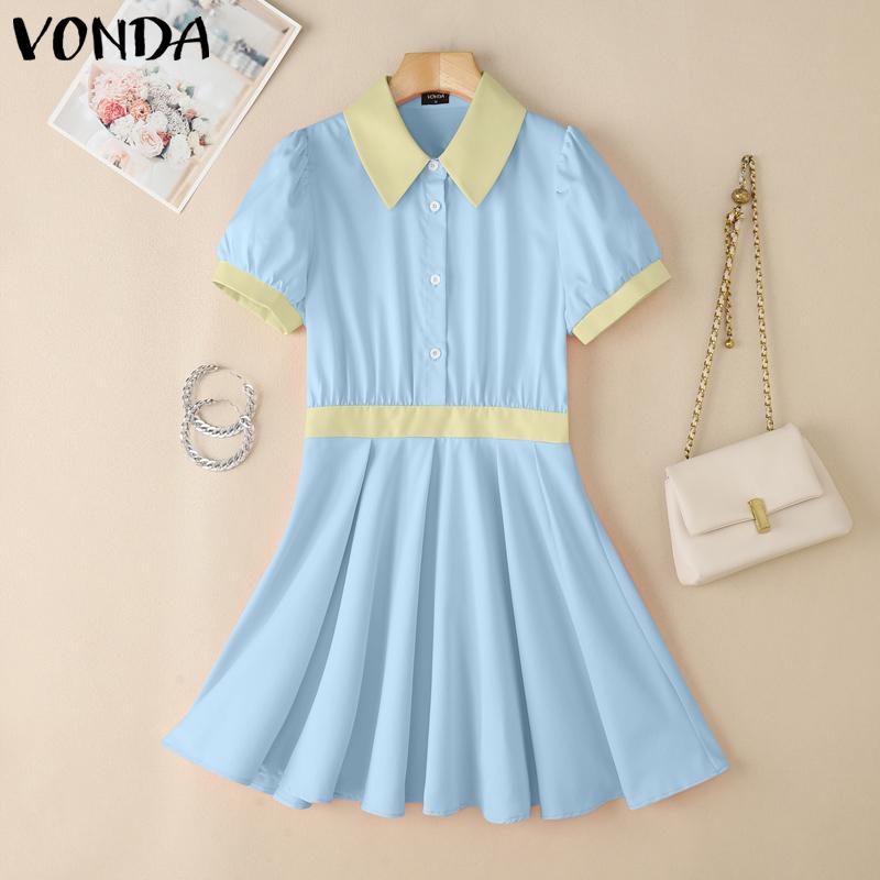 VONDA Summer Women Lapel Neck Short Sleeve Stitching Casual Pleated Dress