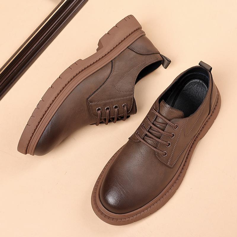 Leather Shoes Men's 2025 Low-top British Style Men's Round Head Big Head Tooling Shoes Platform Casual Derby Shoes
