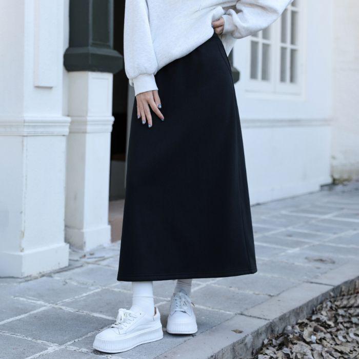 High Waist Midi A-Line Plus Size Women's Skirt - Drapey, Slit, Fleece-Lined for Autumn/Winter