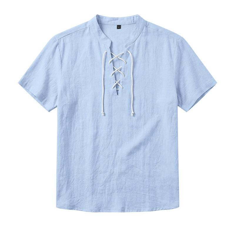Men's Linen‑Blend Lace‑Up Stand‑Collar Shirt, Crisscross Tie Front V‑Neck, Short Sleeve, Breathable Relaxed‑Fit Medieval Renaissance Casual Summer Top