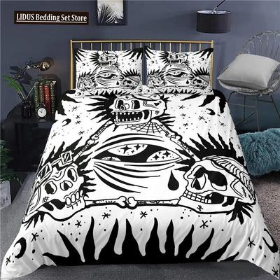 Ensemble Housse de Couette Crâne, Blanc et Noir Bohème Gothique Thème Crâne Squelette Os Housse Couette Lit Décoration pour Adultes