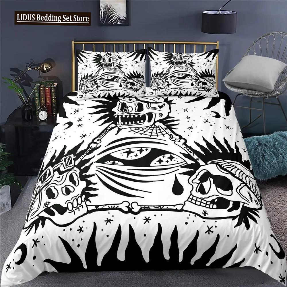 Skull Bedding Duvet Cover Set, White And Black Boho Gothic Skull Skeleton Bones Theme Bed Comforter Cover For Adults Decor