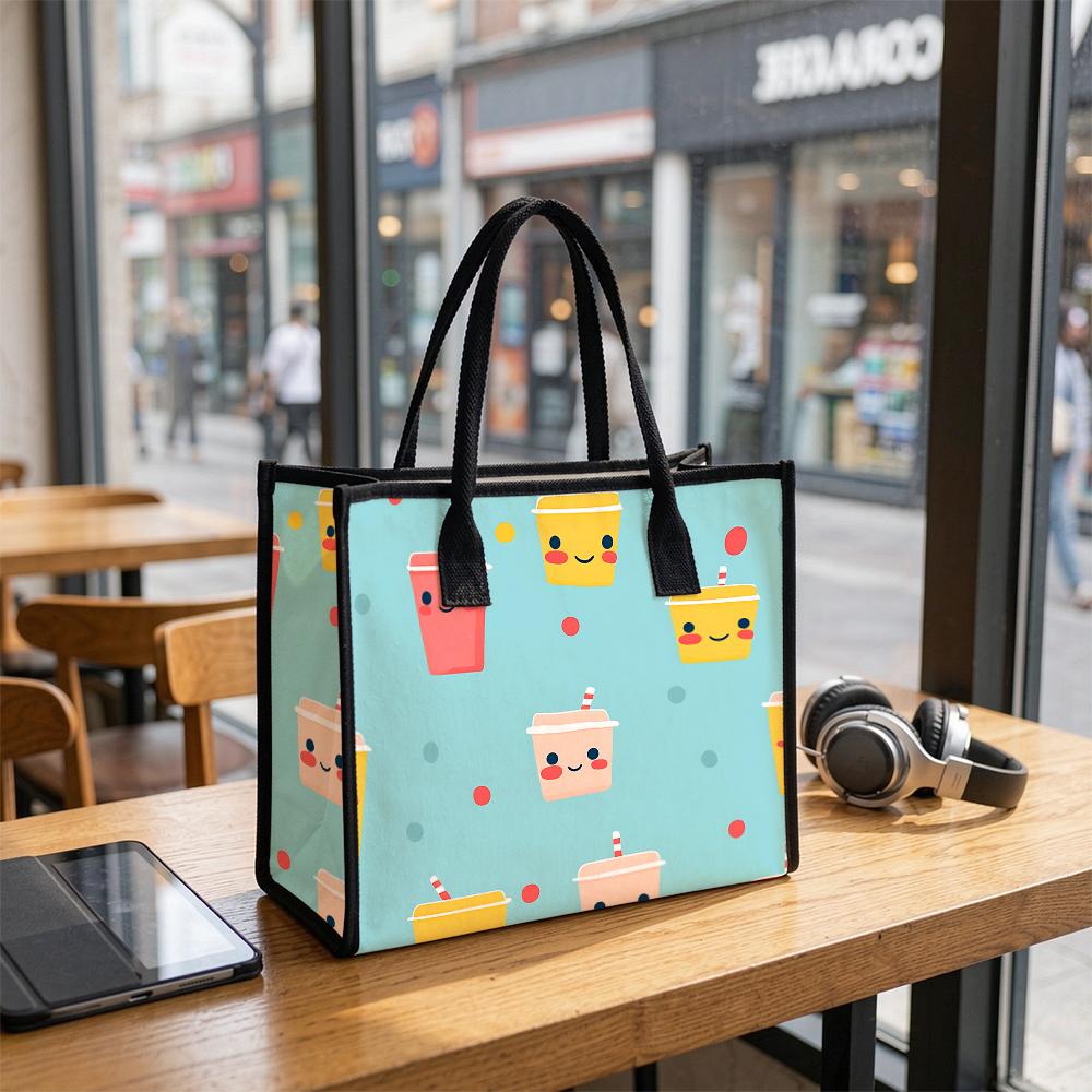 Cute Cartoon Drink Pattern Tote Bag Casual Large Capacity Portable Handbag for Daily Shopping