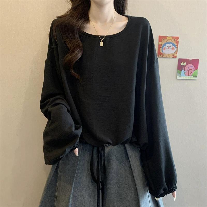 

Plus-Size Women s Tummy-Covering Drawstring Long-Sleeve T-Shirt, Base Shirt for Spring and Autumn, Loose and Slimming Chiffon Top for Chubby Girls 3XL чёрный