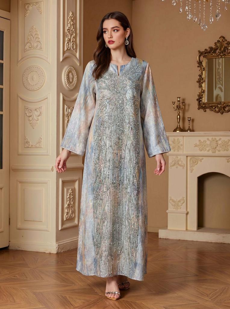 Elegant Sequin Printed Abaya: Fashionable Long Islamic Dress for Women