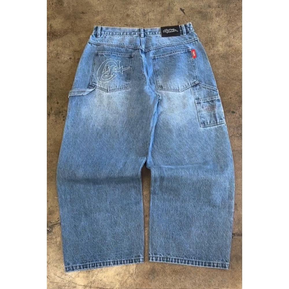 Fun Street Fashion Brand Wide Leg Jeans Y2K Hip-hop Retro Simple Print Loose Gothic Harajuku Horn Pants Ripped Jeans