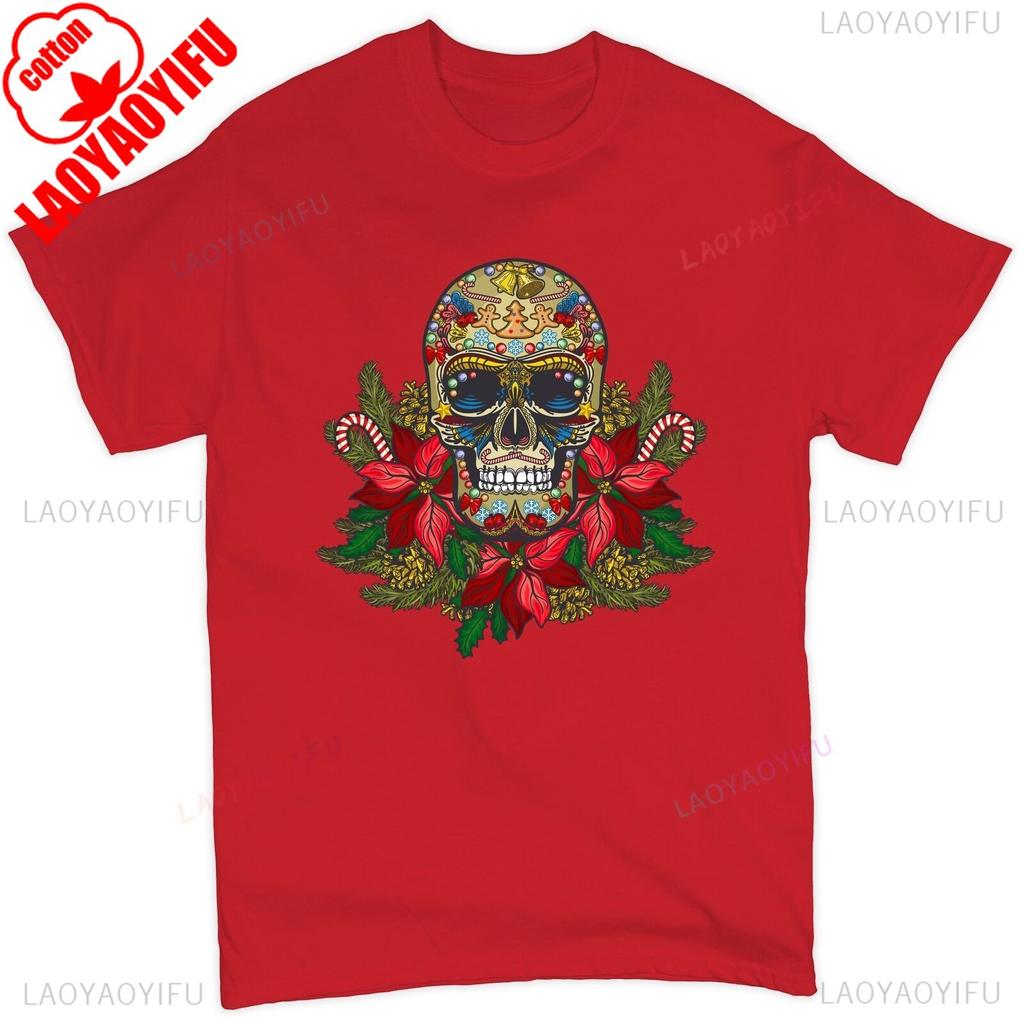 Christmas Calavera Tshirt Sugar Skull Holiday Spirit Mistletoe Mens Tee Retro Breathable Top Skeleton and Flower Pattern Shirt