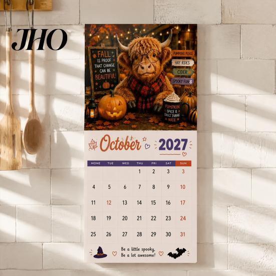 Personalized Schedule Organizer 2027 Funny Highland Cow Wall Calendar, Cute Farm Animal 12 Month Gift for Lovers Scottish Hanging Planner Rustic Home
