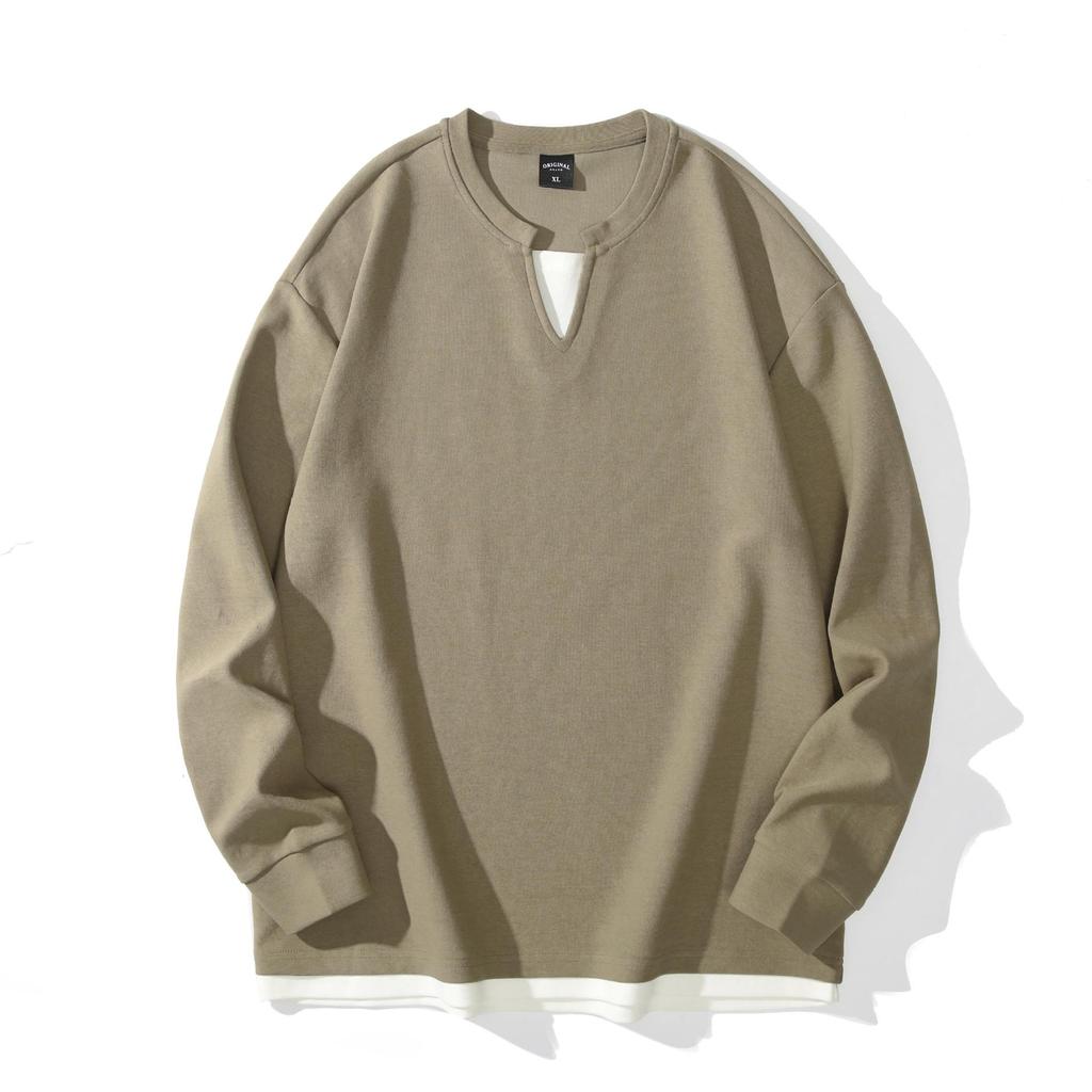 Men's Black Waffle Texture Faux Two-Piece Henley Long Sleeve T-Shirt - Korean College Style for Autumn