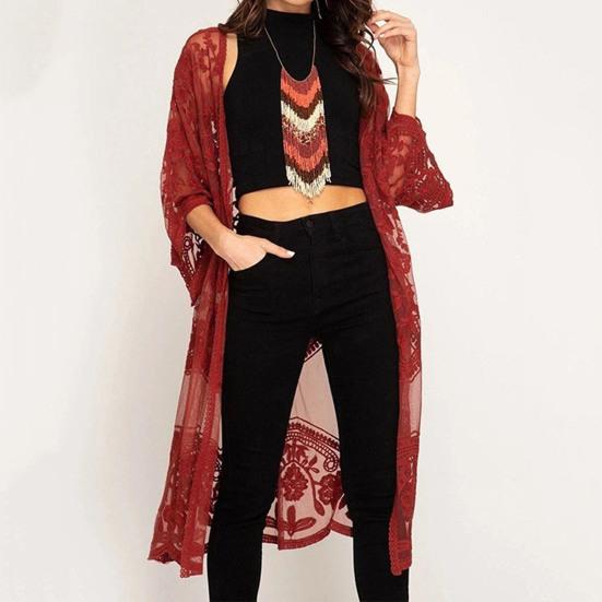 Women Cardigan See-through Thin Lace Embroidery Three Quarter Sleeve Solid Color Mif Length Loose Open Stitch Lady Beach Vacation Cover Up