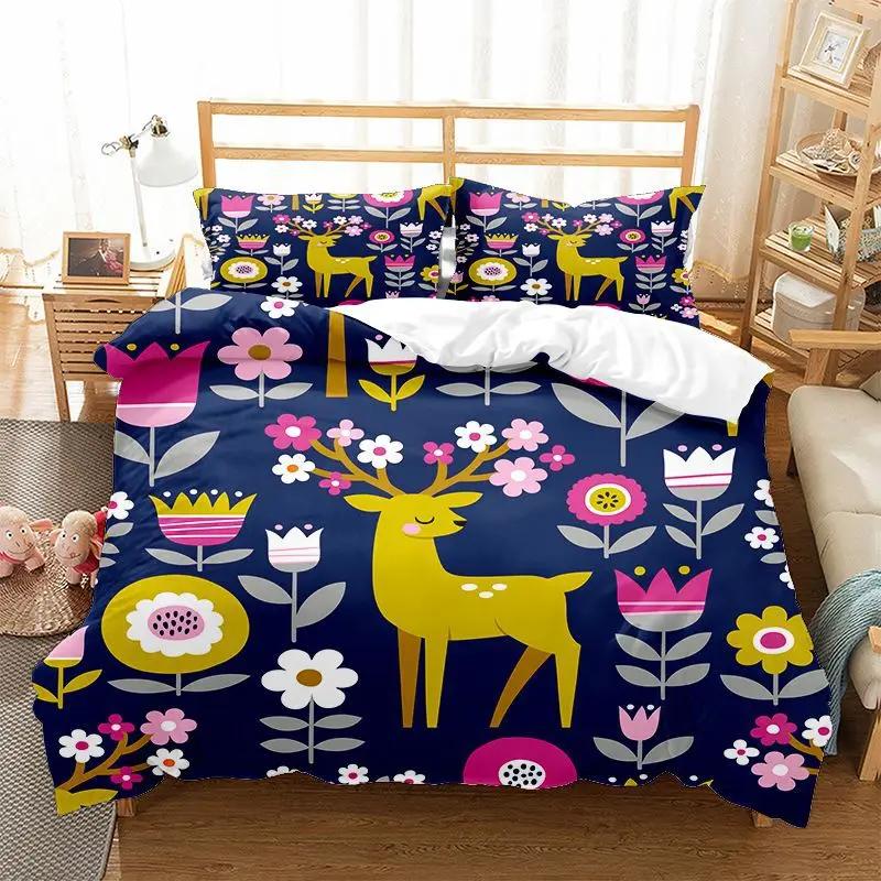 Elk Print Comforter Cover for Kids Boys Girls,Cute Christmas Elk Duvet Cover King Queen Merry Christmas Polyester Quilt Cover