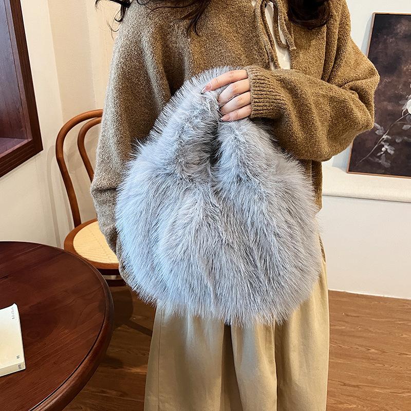 2025 New Hair Bag Women's Imitation Fox Hair Pleated Soft Hand Bag Large Capacity Handbag Plush Bag