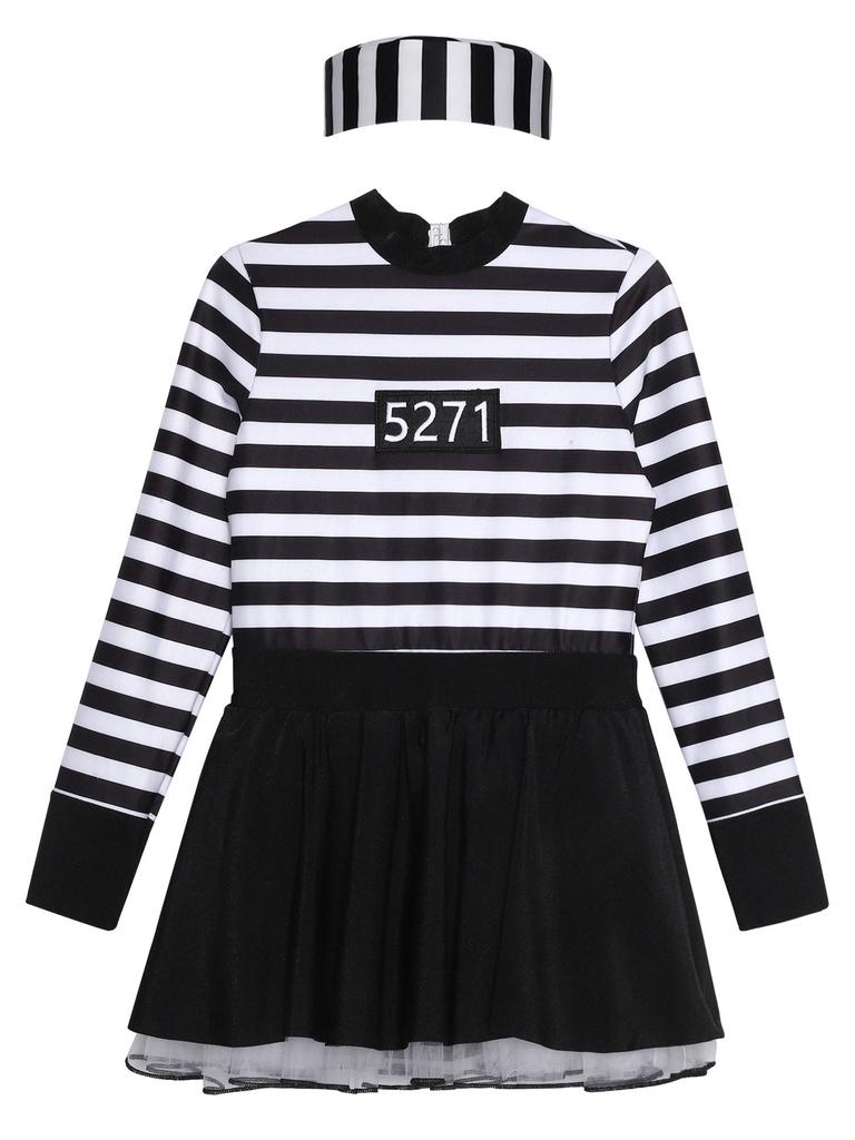 Girl Prisoner Costume 2Pcs Striped Puffy Dress Round Neck Cut Back Long Sleeve Ruffled Tutu Skirt Convict Cap