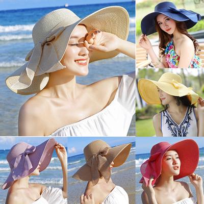 Women Big   Sun Floppy Wide  Hats New Bowknot Folding Beach Cap