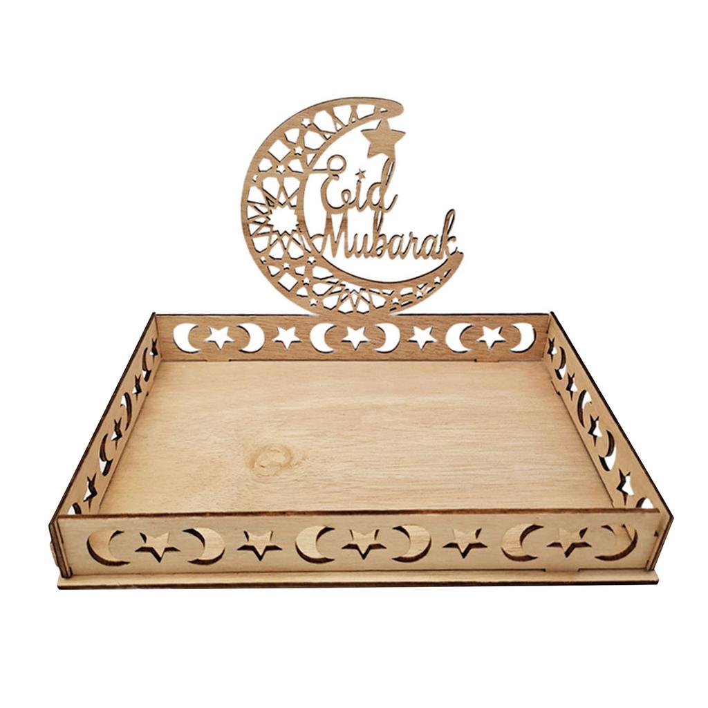 Wooden Eid Mubarak Decorative Tray Ramadan Crescent Moon Star Design Sweet Dessert Serving Platter Ramadan Table Centerpiece