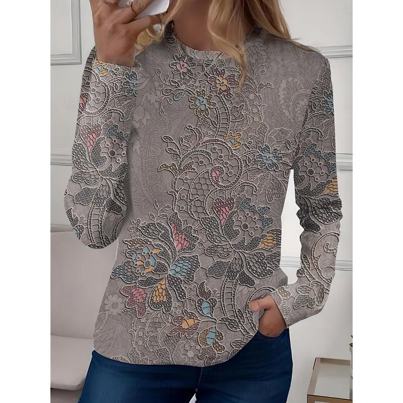 Women's Casual T-shirt 3D Printed  Flower Print Round Neck Retro Elegant Long Sleeves Women's Fashion Pullover Long Sleeve Tops