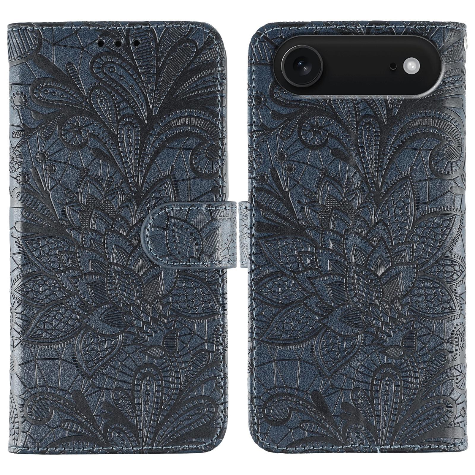 

For iPhone 17 Air Case Lace Flowers PU Leather Flip Wallet Phone Cover Dark Blue