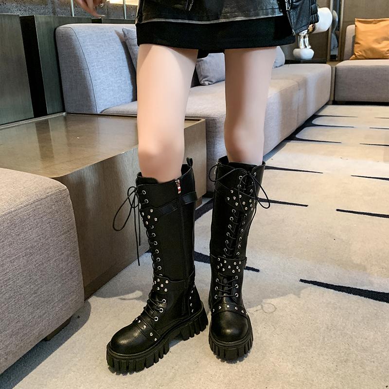 Fall/Winter  New Thick Leg Boots Knight Boots Plus Size Round Toe Rivet Belt Buckle Platform Tall Boots