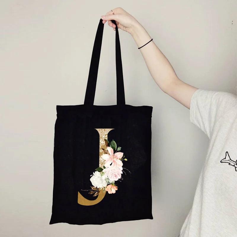 Gold Letter Flower Canvas Bag Women's Shopping Bag Reusable Large Capacity Portable Handbag Harajuku Student Shoulder Bag