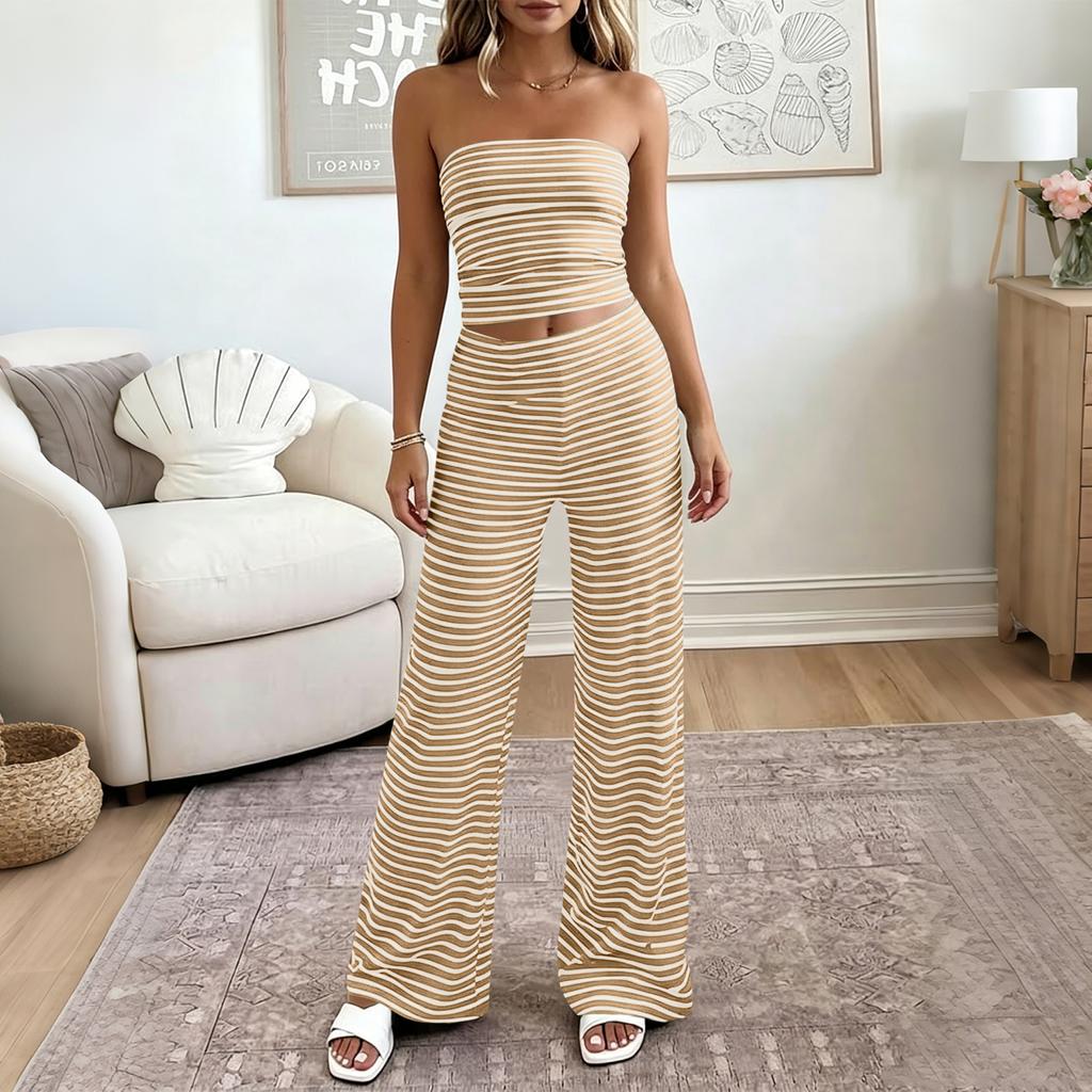 Damen Casual Trägerloses Schlauchtop und Weite Hosen Set Elastischer Bund Zweiteiliges Loungewear Outfit für Urlaub und Zuhause