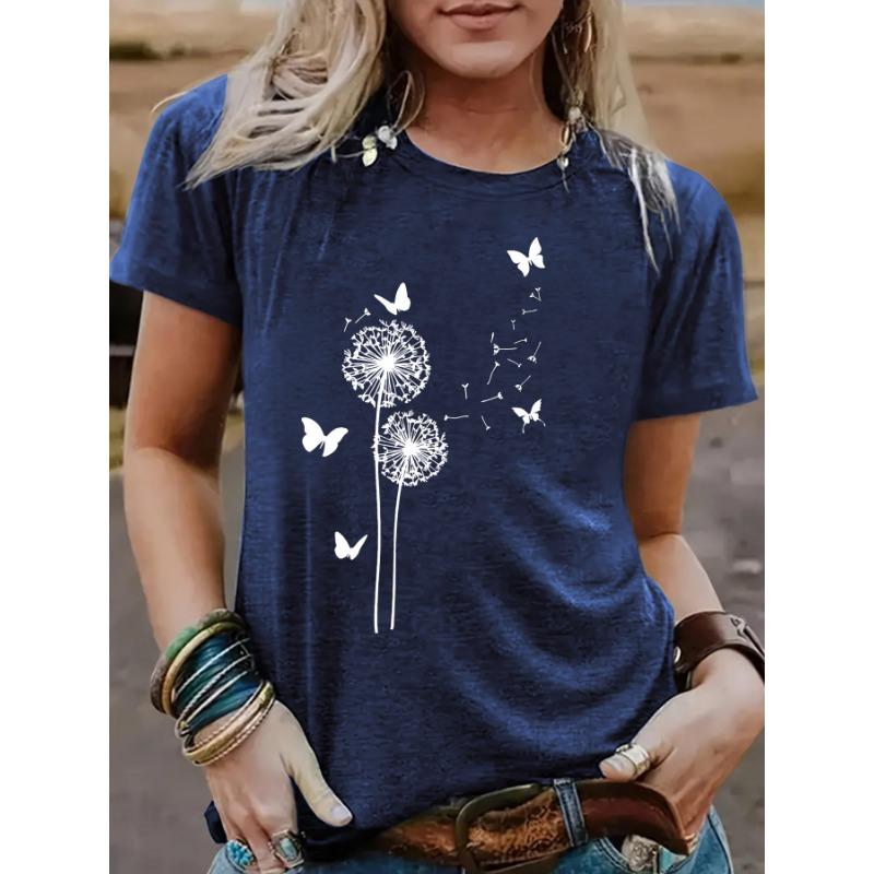

Women s Dandelion Patterned Round-neck Short-sleeved Casual and Fashionable T-shirt S королевский синий
