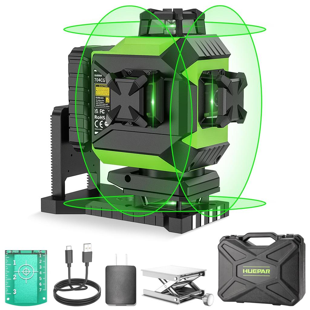 Huepar 704CG Green Laser Level with 16 Tilt Magnetic Swivel Adjustable and Storage Case 4x360° Full-Line Display, Auto-Correction, Mode, Type-C