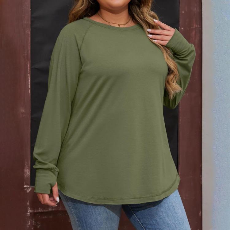 Loose Long Sleeve T Shirt Women Solid Round Neck Medium Top Thumb Hole
