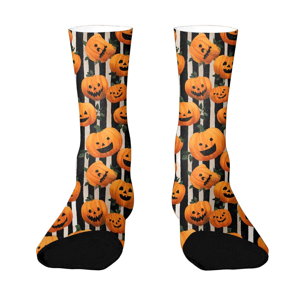 Unisex Breathable Mid-Calf Socks Halloween Pumpkin Pattern Comfortable Stretch Fit Athletic Socks for Everyday Wear