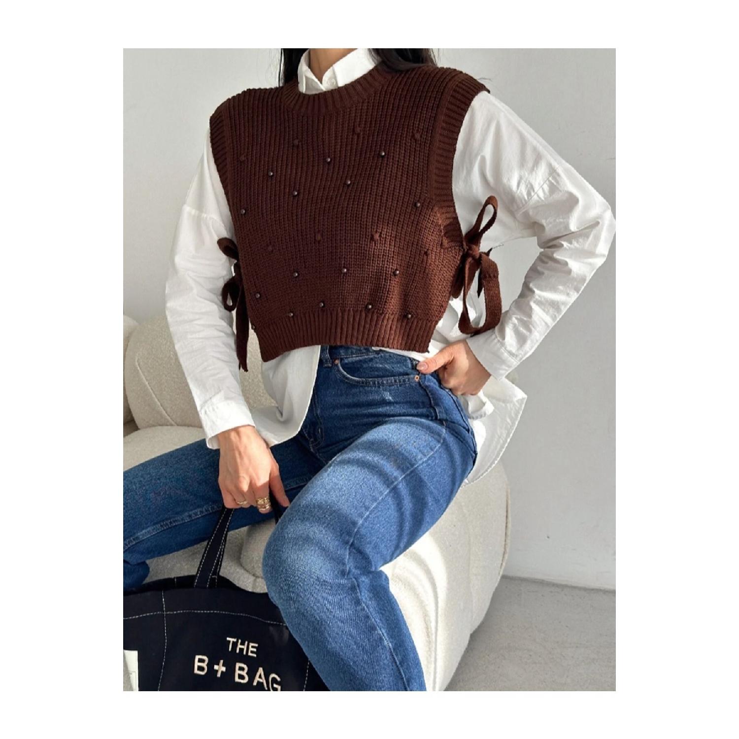 

Kokopinq Side Tied Pearl Embroidered Sweater M коричневый