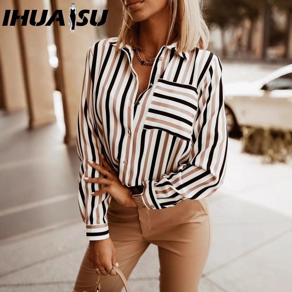 IHUASU Women's Fashion Casual Long Sleeve POLO Neck Blouses & Shirts
