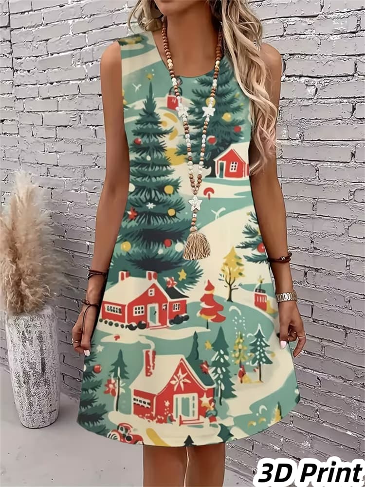 Lässiges Damen Tanktop-Kleid Sommer Ärmellos O-Ausschnitt 3D-Druck Locker A-Linien-Kleid Strand-Westenkleid