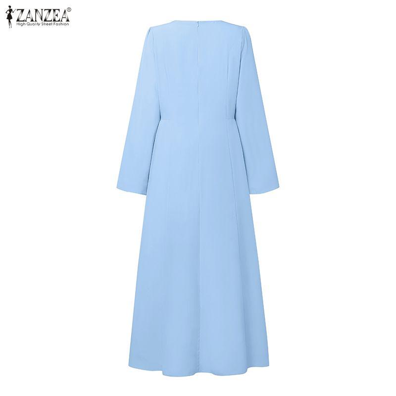 ZANZEA Women Muslim Casual Round Neck Long Sleeve Loose Long Dress