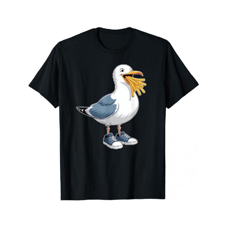Men s Funny Seagull with Fries & Sneakers T-Shirt - 100% -Shrink Short Sleeve Tee, French Fry-Loving Seagull & Sneaker-Wearing Bird Graphic, Casual S чёрный
