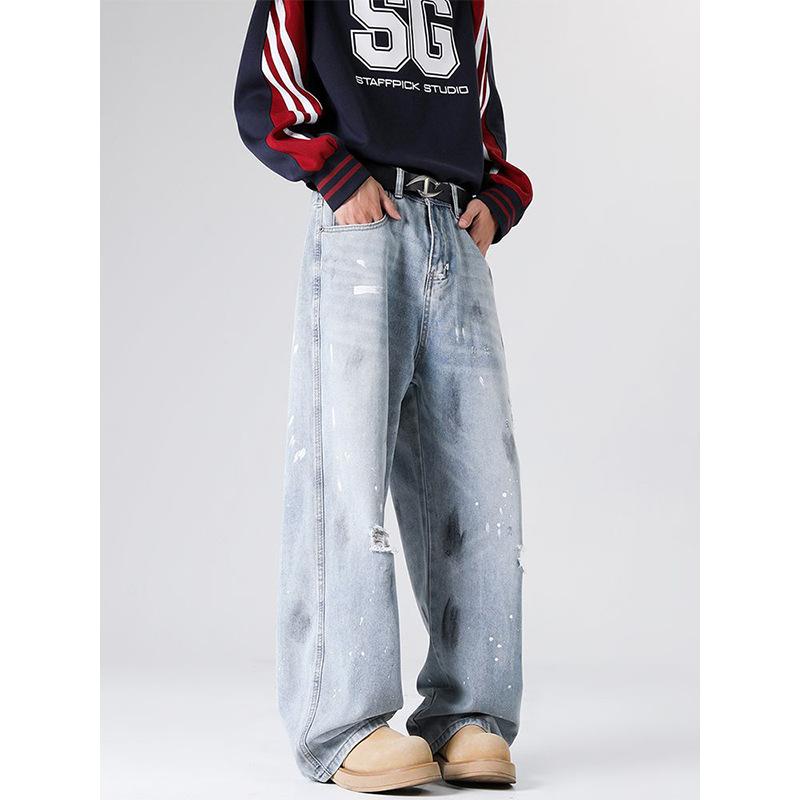 Minger | American High Street Trendy Brand Ink Splashing Ripped Jeans Men's Trendy Versatile Loose Straight Blue Pants