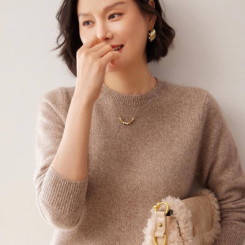 Women's Loose Round Neck Cashmere Sweater - Seven-Stitch, Long Sleeve, Versatile Pullover Top