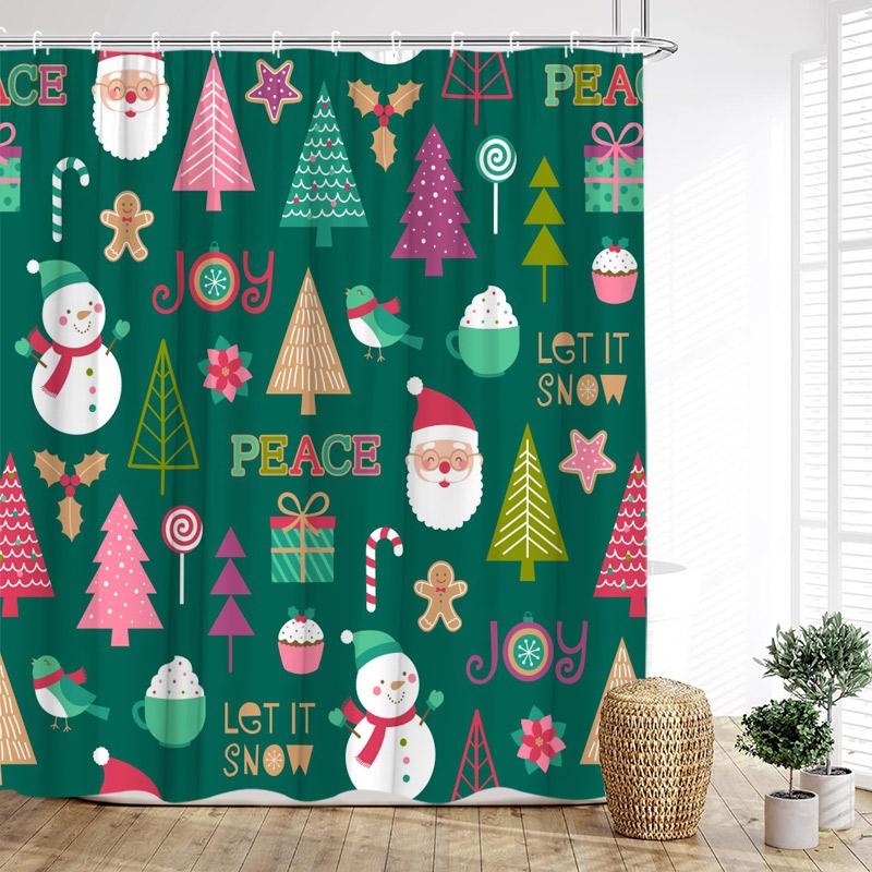 Cartoon Christmas Shower Curtain Funny Snowman Santa Claus Elk Xmas Trees New Year Kids Bath Curtains Bathroom Decor With Hooks