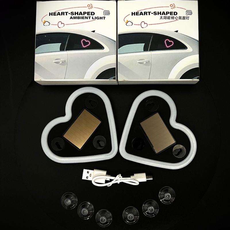 1pc/2pcs Solar Heart Shaped Car Atmosphere Light Auto Window Decorative LED With Adjustable Colors And Suction Mount