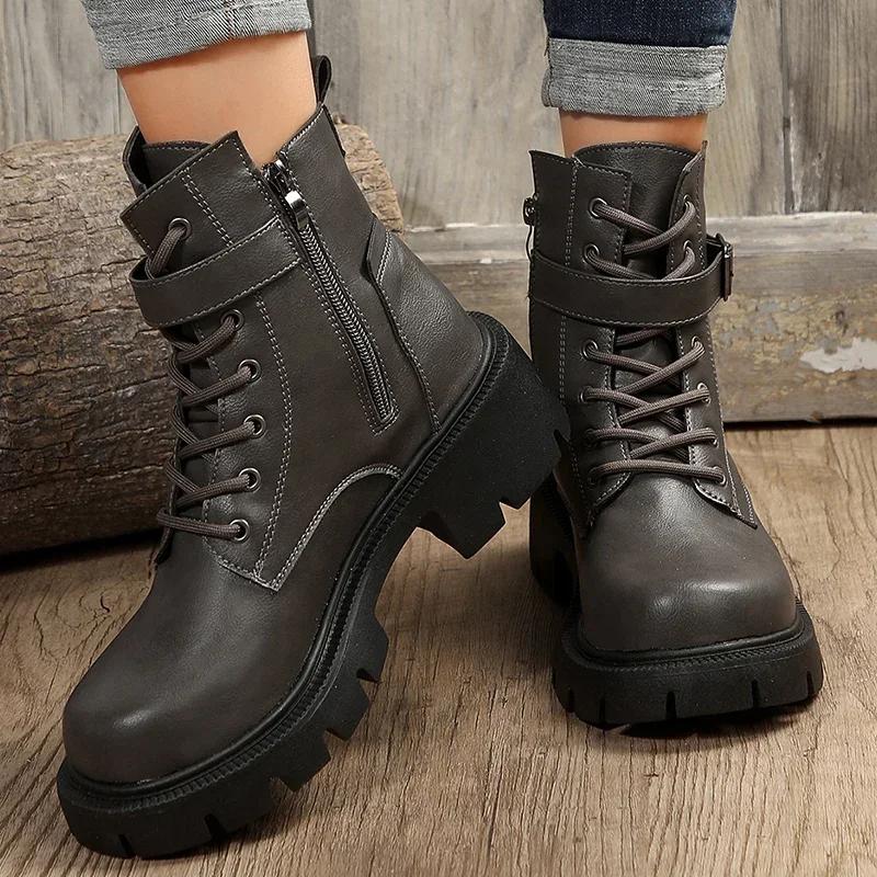Retro Thick Bottom Brown Ankle Boots Women 2025 Winter Metal Buckle Decoration Combat Boots Plus Size Woman Shoes with Platform