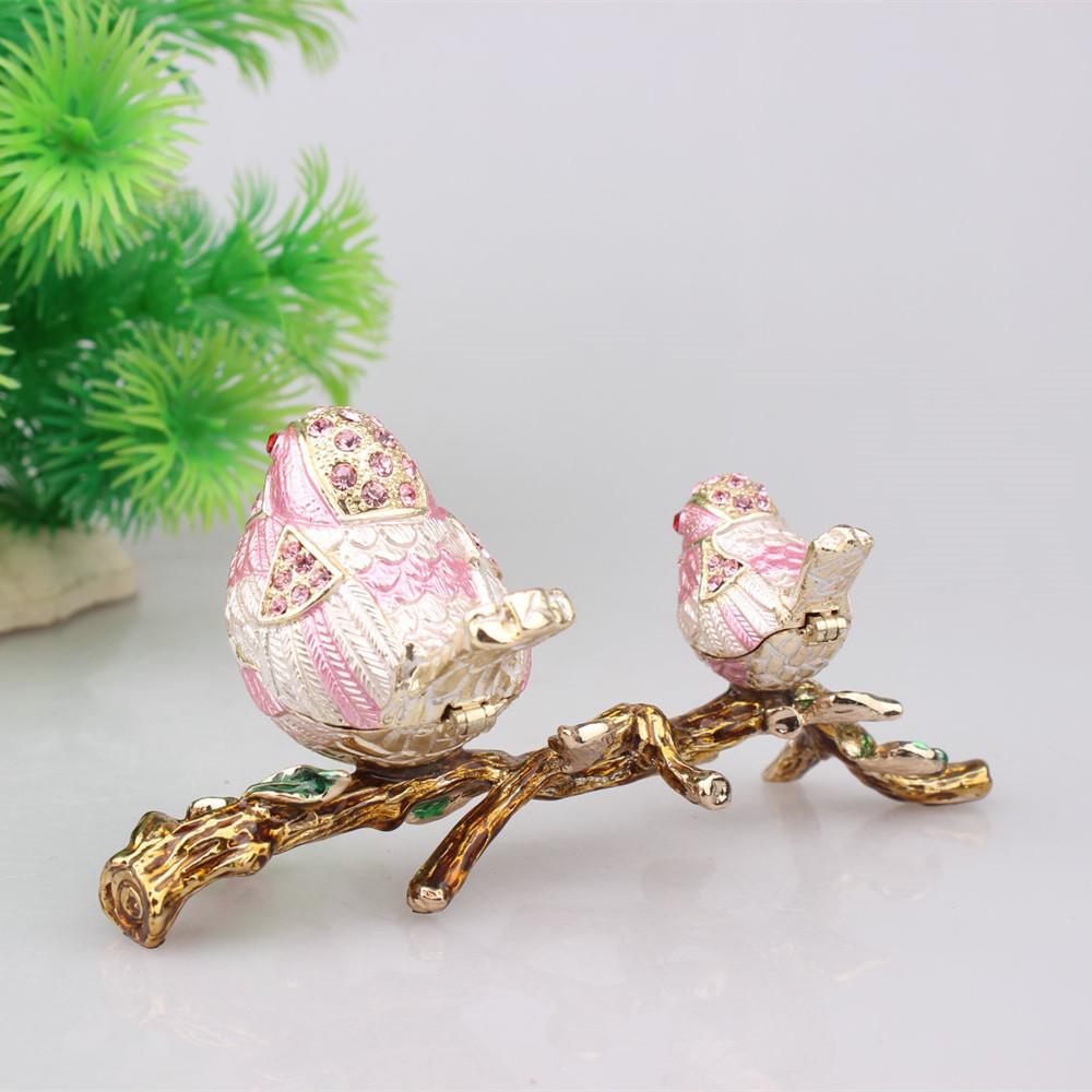 Alloy Cloisonne Jewelry Box with Rhinestones, Mother & Child Lovebirds Figurine, Light Luxury Home Desktop Decor Gift