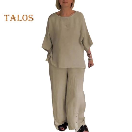 2 Pcs/Set Women Shirt Pants Set Solid Color O Neck Three Quarter Sleeve Top Wide Leg Elastic Waist Loose Pants Commute Clothes Blouse Trousers Set