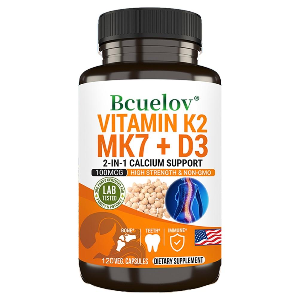 Vitamin K2 MK7 + D3 2-in-1 von Bcuelov, 100mcg K2, 120 pflanzliche Kapseln