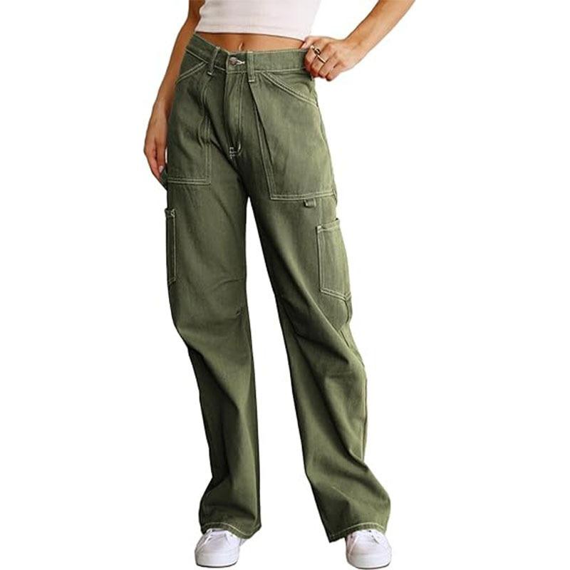 Damen lockere lässige High-Waist gerade Hosen mit sechs Taschen Cargo-Hosen